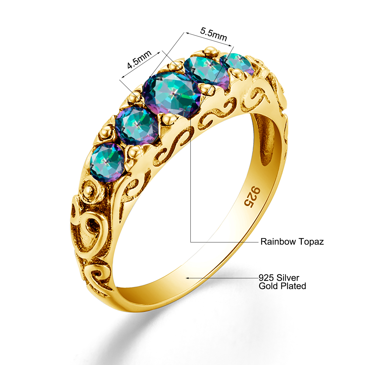 Brand Gold Mystic Topaz Ring For Women Rainbow Color 5 Stone Wedding Band Curved Vitoria Jewelry Gift Female High Quality 36e8d
