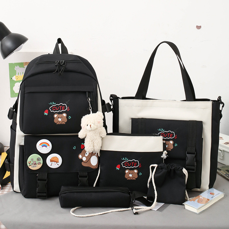 5pcs Ins High Capacity Canvas Student Backpack School Bags for Girls