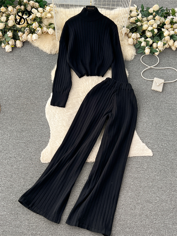 SINGREINY Winter Knit Two Pieces Suits Half High Collar Full Sleeve Pullover+Wide Legs Long Pants Women 2023 Senior Striped Sets a92b8
