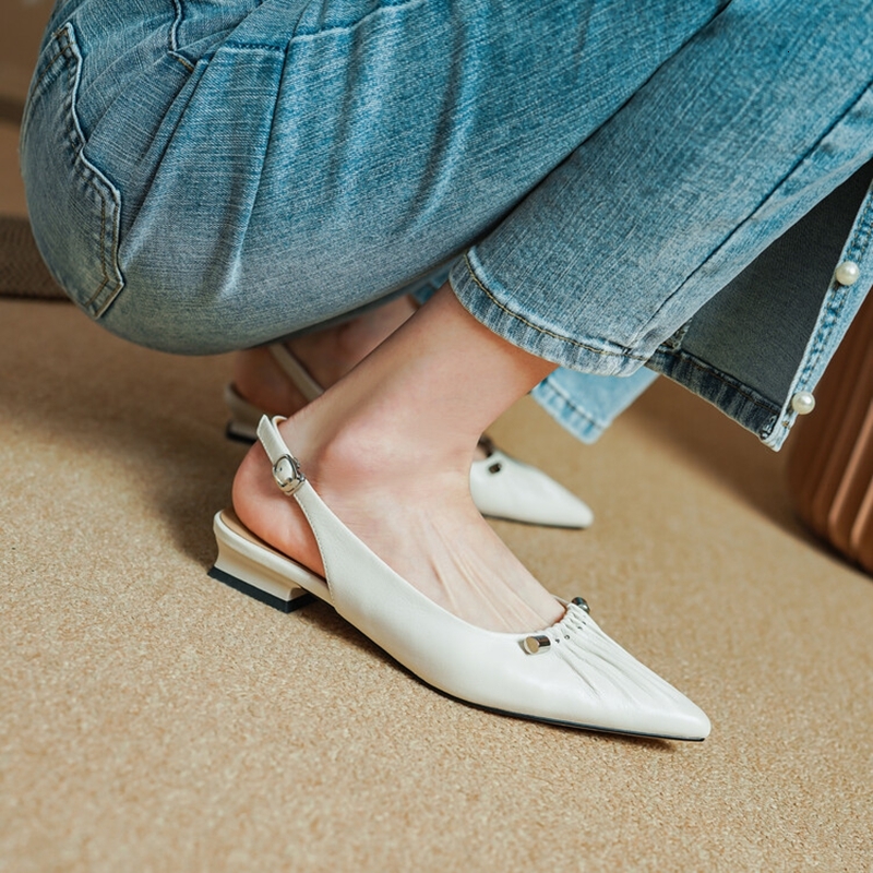 NEW Summer Genuine Leather For Women Pointed Low Heel Shoes Elegant Cover Toe Slingback Pleated Sandals 68