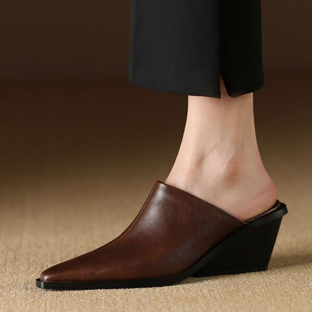 NEW Summer Genuine Leather Shoes For Pointed Chunky Heel Cover Toe Wedge Sandals Black Women Mules 68