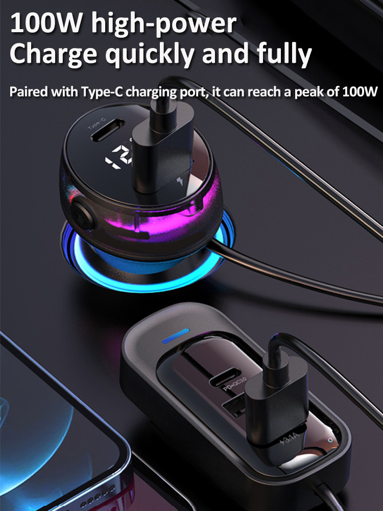 100W Car Charger 5 USB Ports Fast Charging Type C Quick Charge PD 30W Car Phone Charger Power Adapter 1.5M Charging Cable 453cd