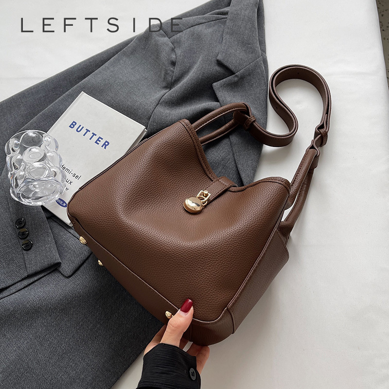 LEFTSIDE Simple Solid Color Shoulder Bags For Women 2023 Leather Handbags and Purses Lady Designer Bucket Crossbody Hand Bag