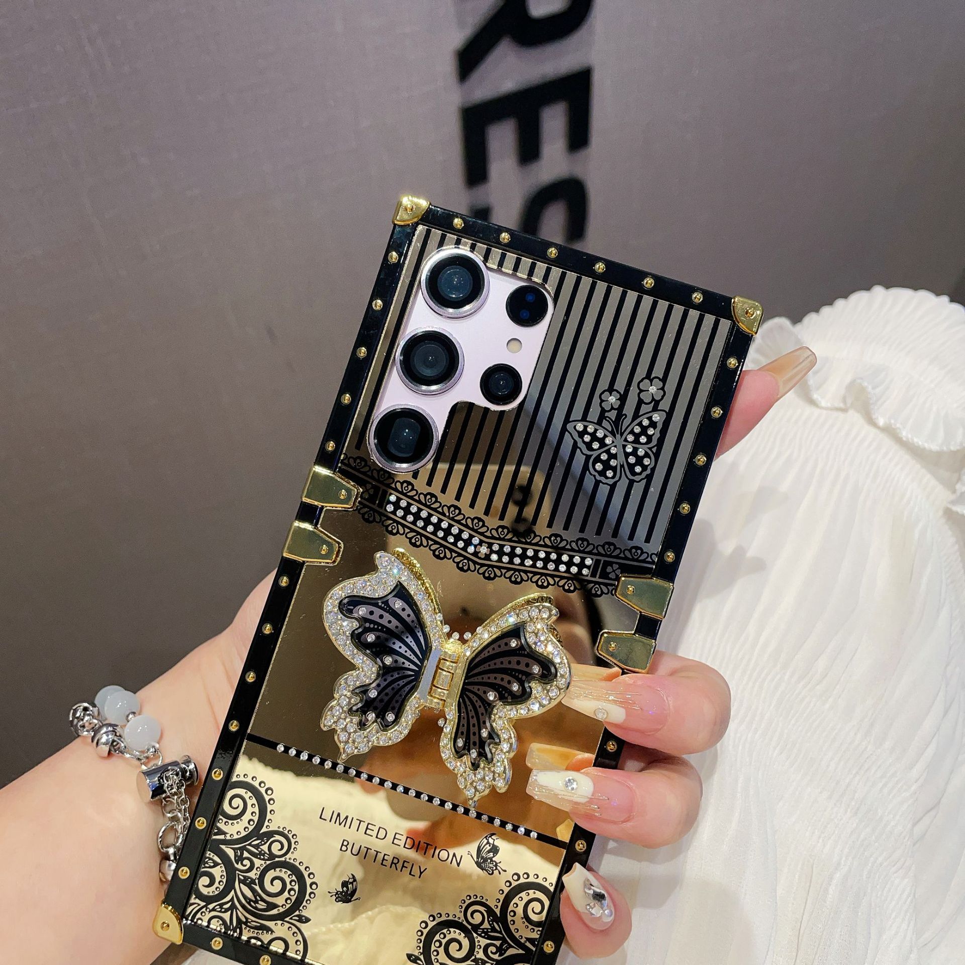 Luxury 3D Bling Diamond Butterfly Square Case Stand TPU Metal Corner Plating Mirror For Samsung S25 Ultra S24 FE S23 Plus S22 S21 A05 A05S A06 A16 A26