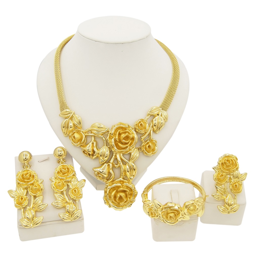 Dubai Gold Plated Women Necklace Jewelry Set Rosebud Pendant Large Ring Earrings Wedding Dinner Party Bijoux SYHOL 41b19 5 30284