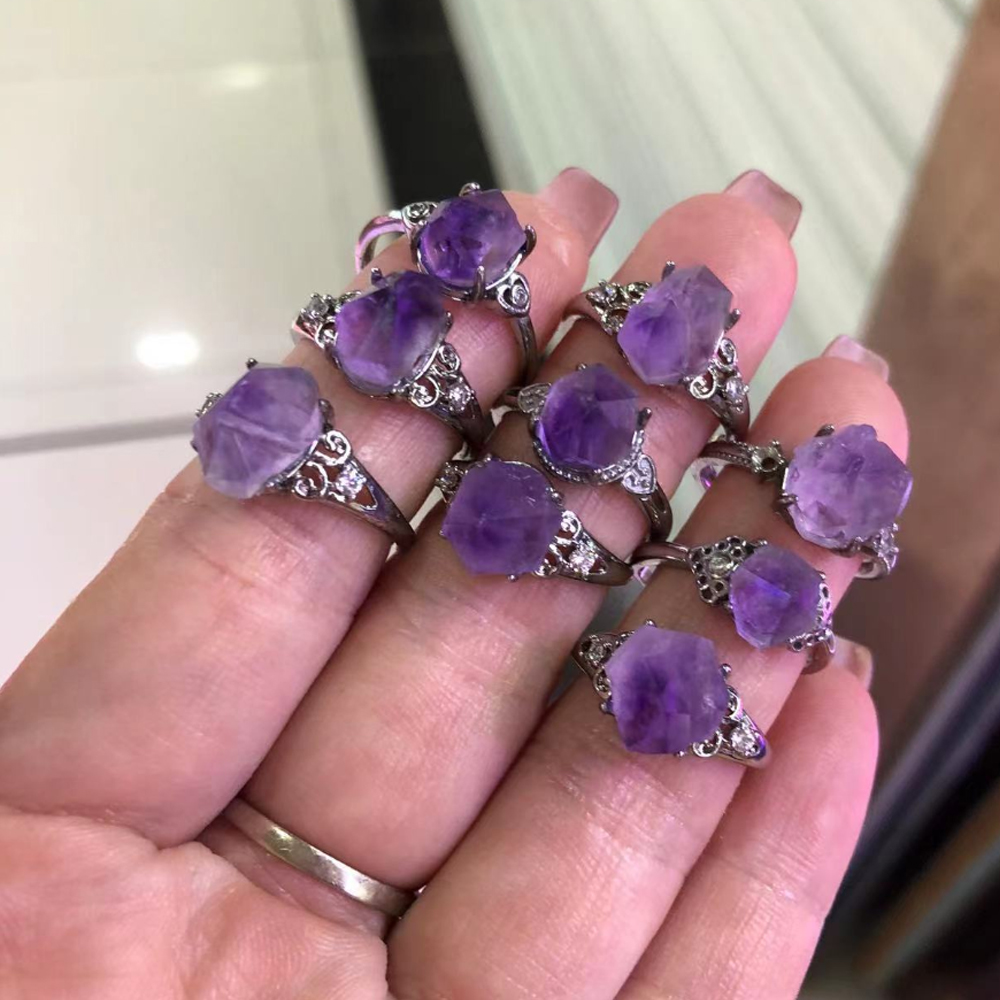 1Pc Irregular Natural Raw Lavender Amethyst Adjustable Ring Chakra Energy Crystal February Birthstone Birthday Gift Jewelry