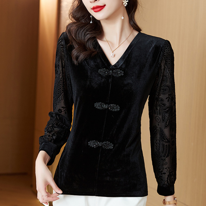#1651 Spring Black Velvet T Shirt Women V-neck Buttons Vintage Long Sleeve T Shirt Slim Outerwear Womens Tee Shirts Korean Style