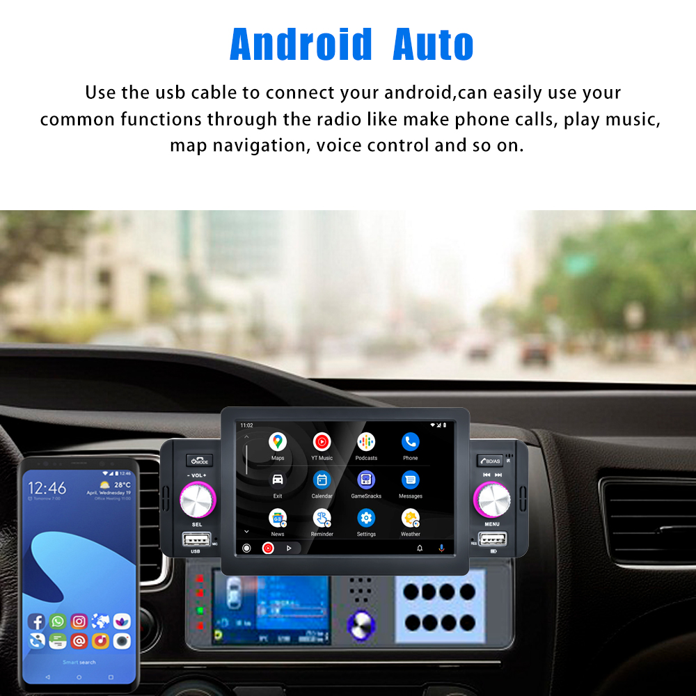 REAKOSOUND 1 Din Car Stereo Radio 5.1'' Touch Screen Carplay Universal Car Multimedia Player with Bluetooth FM Radio Receiver