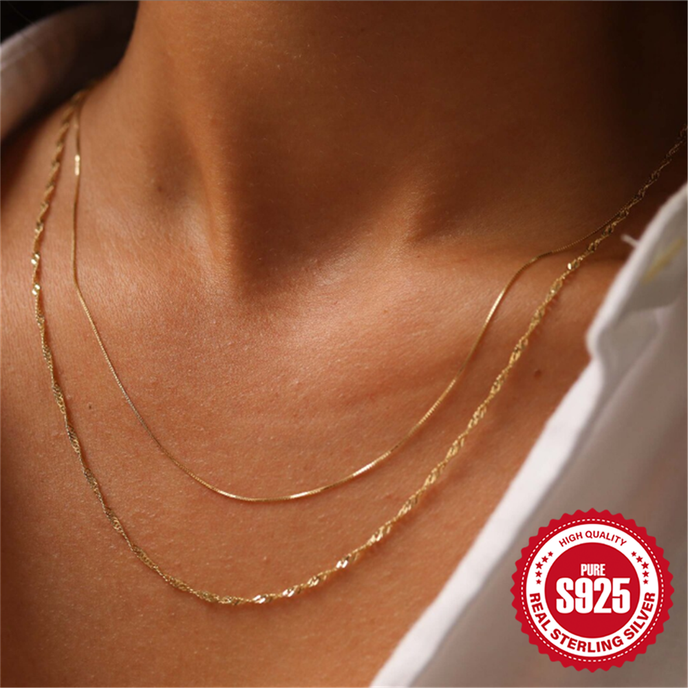 AIDE Sterling Sier 40/45cm 7 Types Chain Pure Necklace Shiny Snake Water Wave Fish Lip Chain For Men Women 18 Gold Necklac 00dbd 5 91912