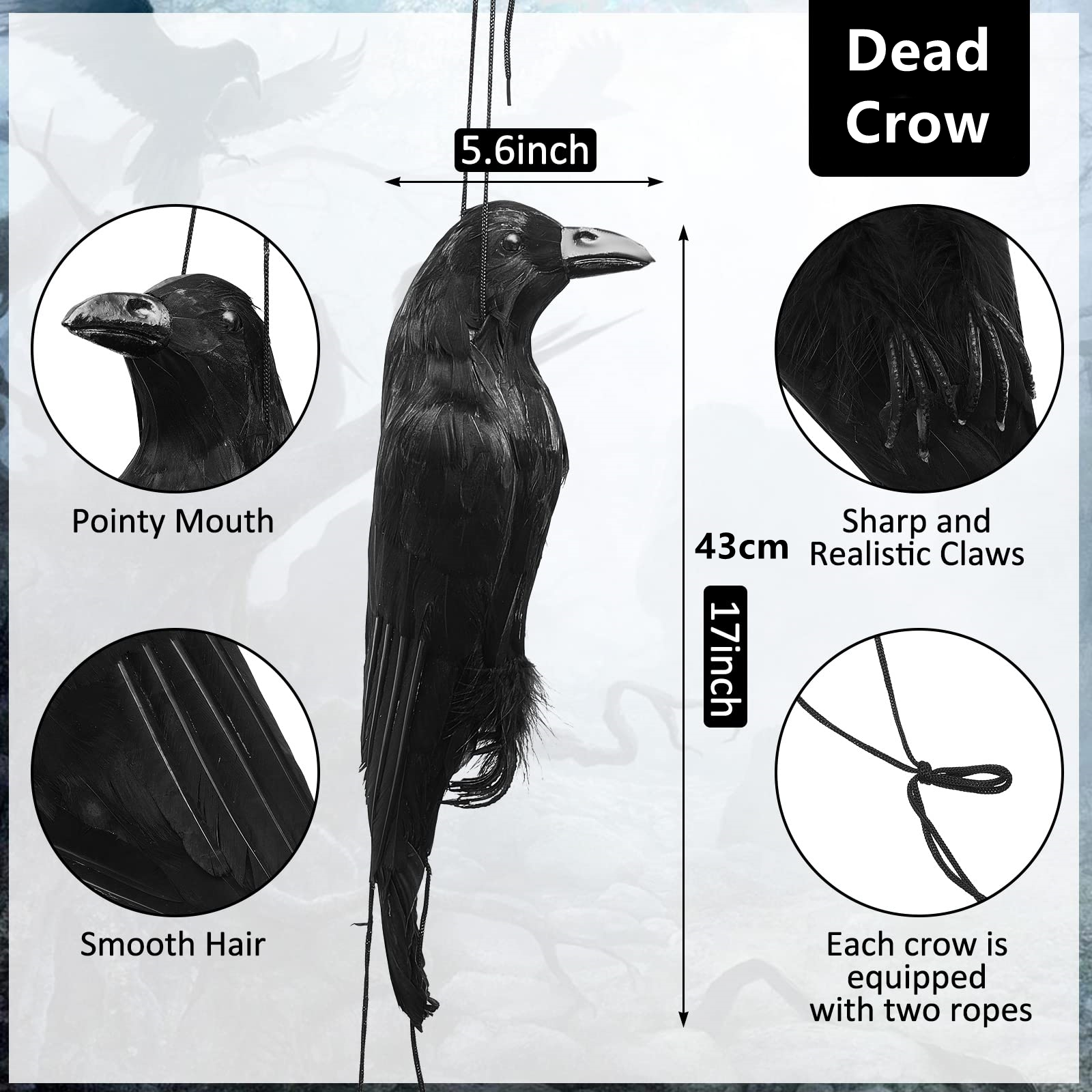 1Pc Gaint Realistic Hanging Dead Crows Decoy Lifesize Black Feathered Crow for Indoor Outdoor Garden Halloween Party Decoration