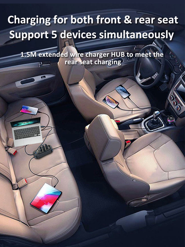 100W Car Charger 5 USB Ports Fast Charging Type C Quick Charge PD 30W Car Phone Charger Power Adapter 1.5M Charging Cable 453cd