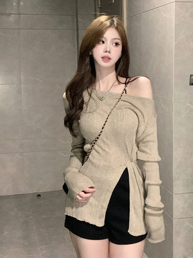Woherb Korean Tshirt Woman O-neck Long Sleeve Knitted Tunic Tees 2024 Shirts for Women Y2k Tops Chic Split Casual Sexy T