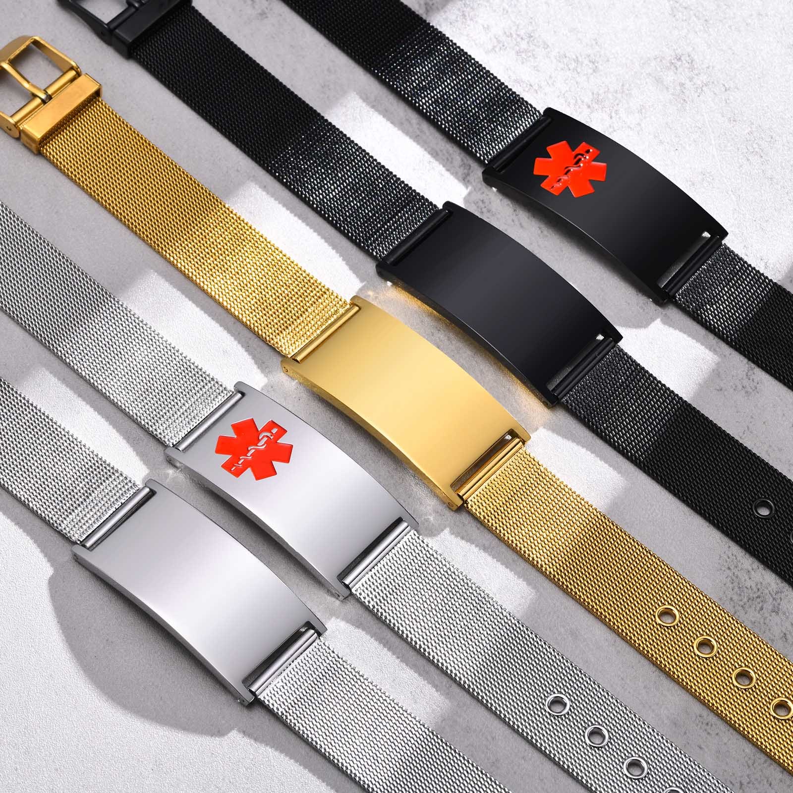 Vnox mm Medical Alert ID Bracelets Men Women Mesh Band Bracelet Free Engrave SOS Emergency Contact Bangle 5