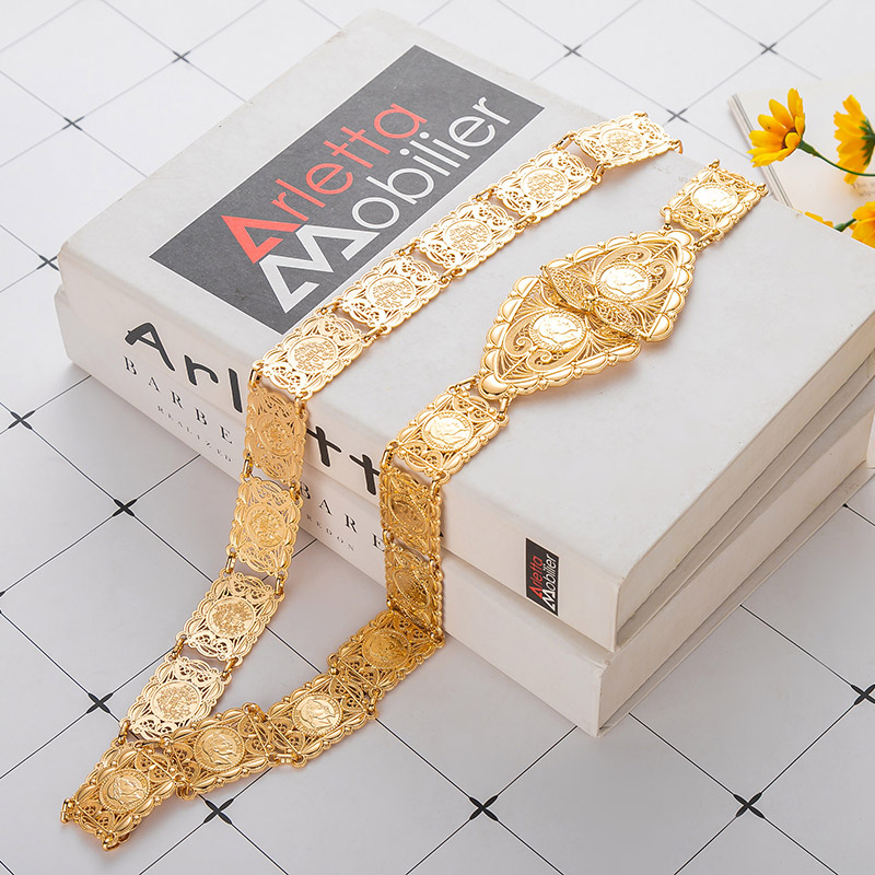 Caftan Belts Arab Traditional Holiday Jewelry Algerian Metal Bride Gold Color Belt Coin Waist Chain Square Design