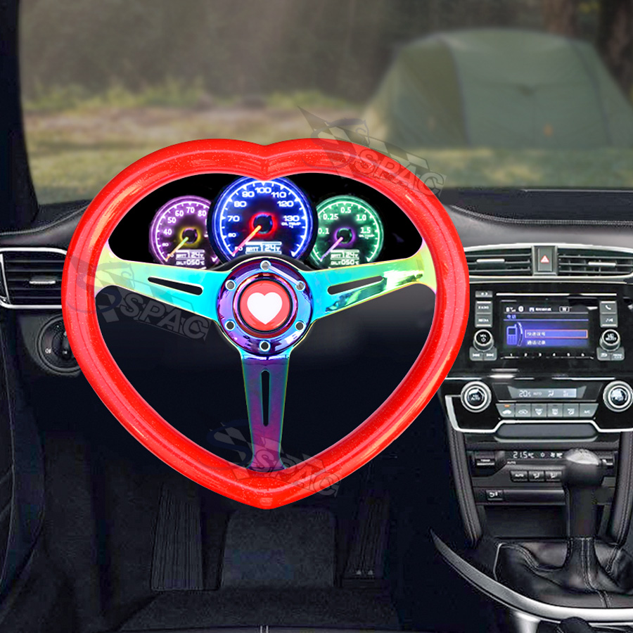 Pink Heart Shape JDM Drift Steering Wheel with Neo Chrome Frame and Heart Horn