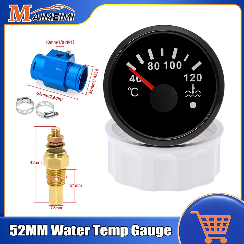 HD Car Temp Red Light for Sensor 1/8NPT Waterproof IP67 52mm Water Temperature Gauge with Alarm Marine Boat 9-30V