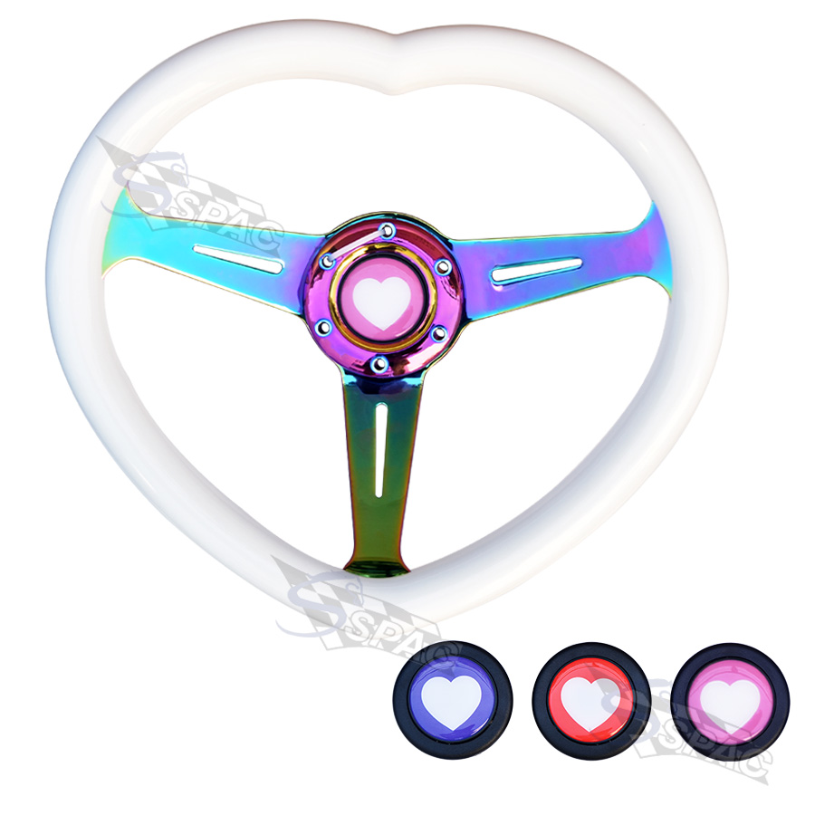 Pink Heart Shape JDM Drift Steering Wheel with Neo Chrome Frame and Heart Horn