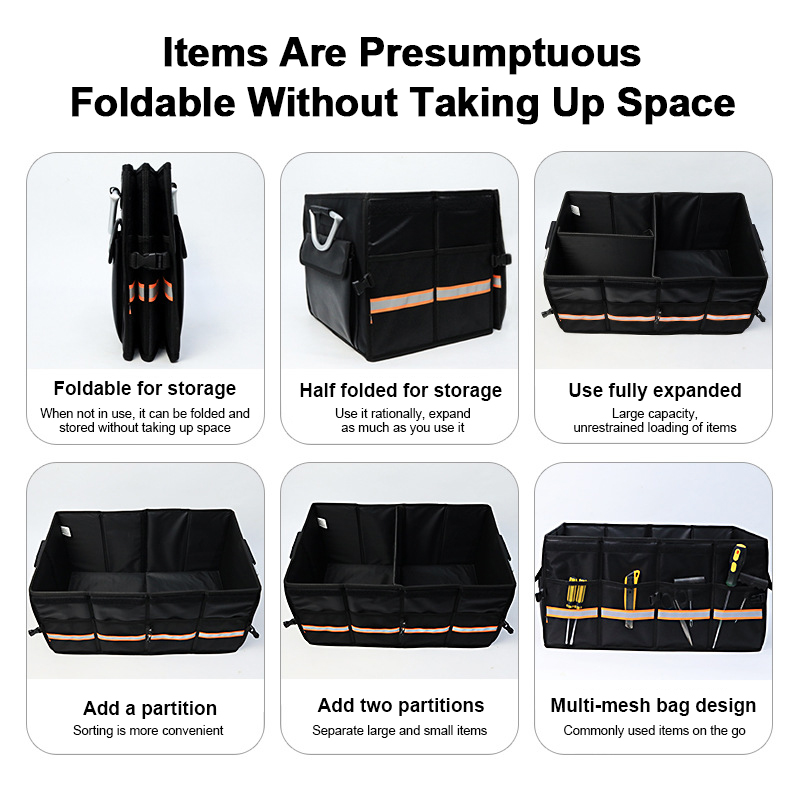 46/66/80L Car Trunk Organizer Foldable Heavy Duty Reflective Strip Durable Sturdy Thickened Plate Collapsible Trunk Storage Box de4f8