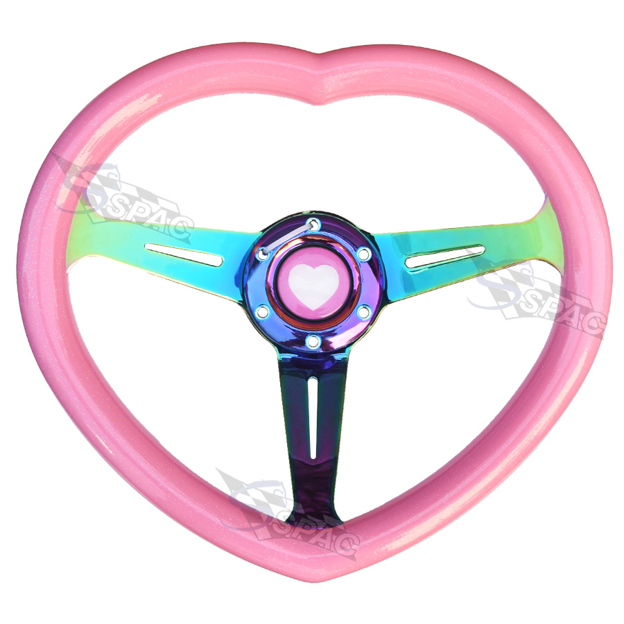 Pink Heart Shape JDM Drift Steering Wheel with Neo Chrome Frame and Heart Horn