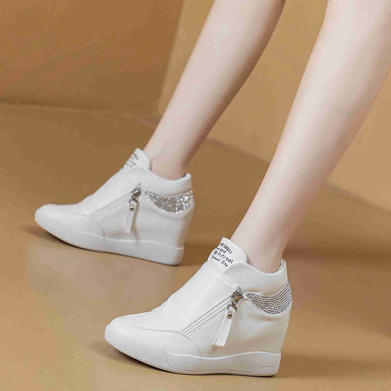 High Top Women Sneakers Hidden Heel Casual Shoes Side Zip Women White Platform Bling Dimond Wedge Rivet Shoes