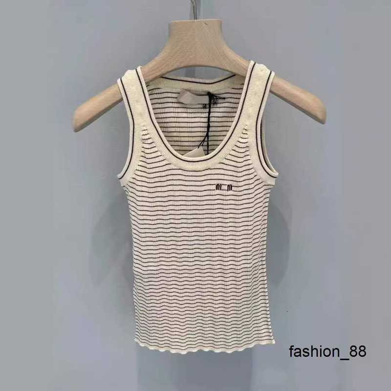 Designer Nanyou 24MIU Home SpringSummer New Letter Embroidery Contrast Stripe Knitted Slim Fit Elastic Tank Top T-shirt for Women RHCX