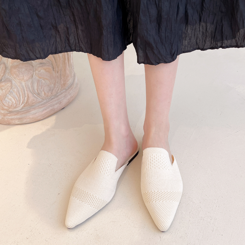 Summer Women Yellow Black Knitted Mules New Elegant Mesh Breathable Med Heel Slippers Closed Toe Slides Party Shoes 82e