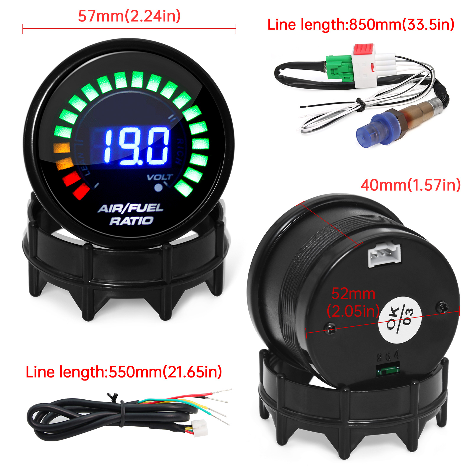 2 in 1 Racing 52mm Digital AFR with Narrowband O2 Oxygen Sensor Air Fuel Ratio Gauge for 12V Car Voltmeter