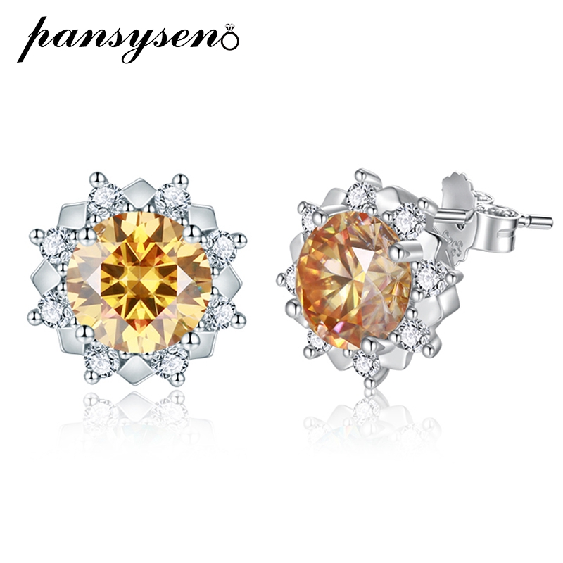 PANSYSEN Yellow Moissanite Earring S Sterling Sliver Plated with White Gold Earring for Women Man Sparkling Fine Jewelry 23e65