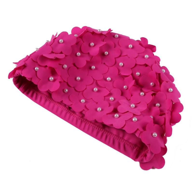 Handmade Swimming Cap Women Pearl Sewed Floral Elastic Breathable Quick Dry Bathing Hat For Long Hair
