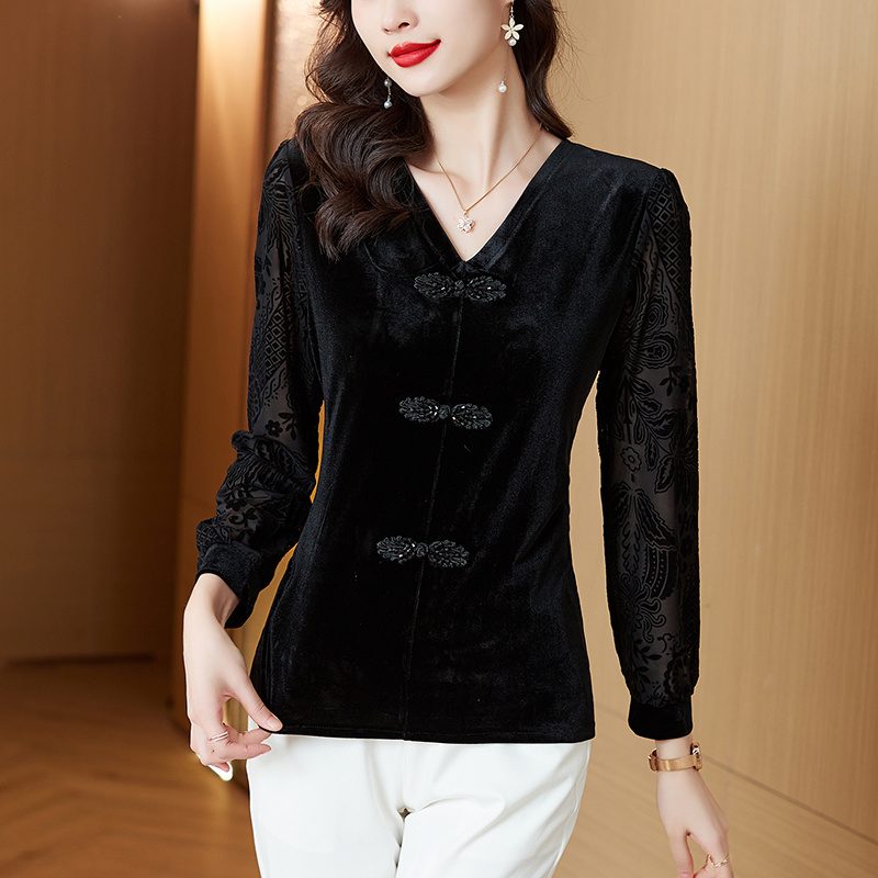 #1651 Spring Black Velvet T Shirt Women V-neck Buttons Vintage Long Sleeve T Shirt Slim Outerwear Womens Tee Shirts Korean Style