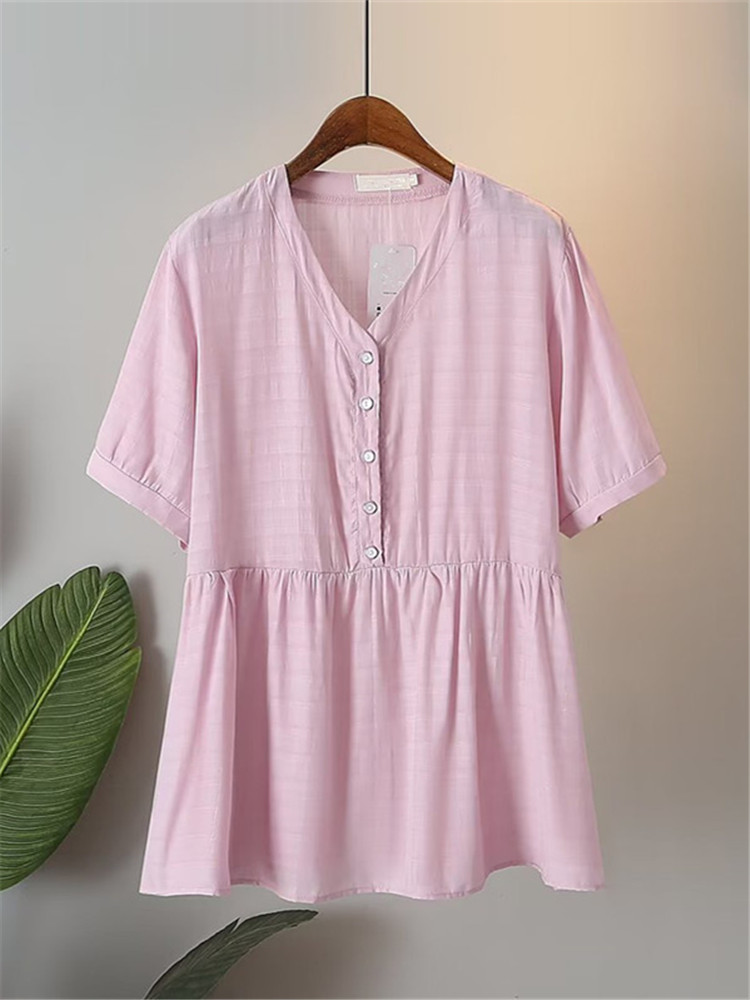 Plus Size Women's Short Sleeve T-Shirt Blended Non-Stretch Thin V-Tie Button-Up Pullover In Summer For Obese Women Up to 220 Lbs