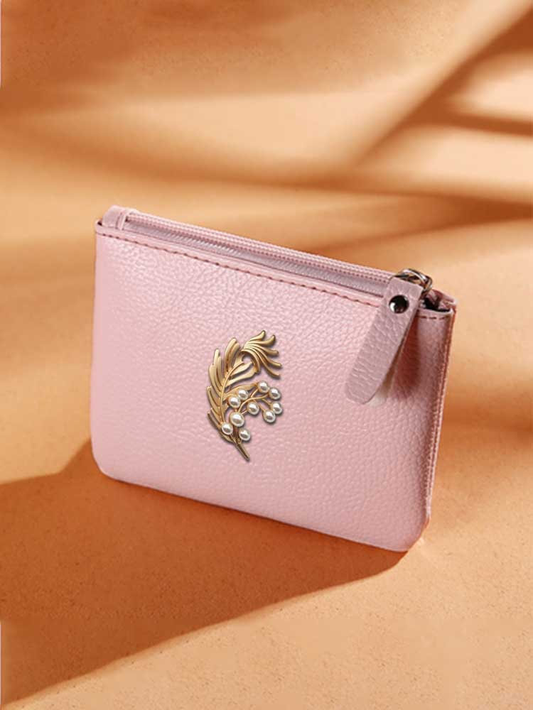Stylish PU Key Wallets - Durable & Cute for Females Gold Decor with Pearl & Crystal Accents 7775d