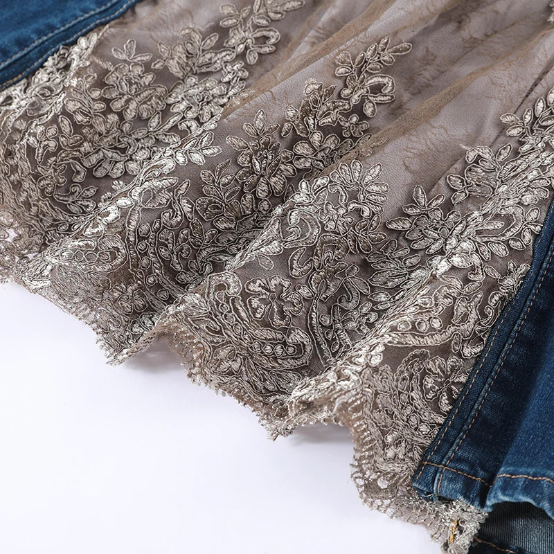 TIYIHAILEY Fashion Long Maxi Denim And Lace Patchwork Jeans Skirt Women Plus Size S-2Xl Summer Beaded Skirts 24