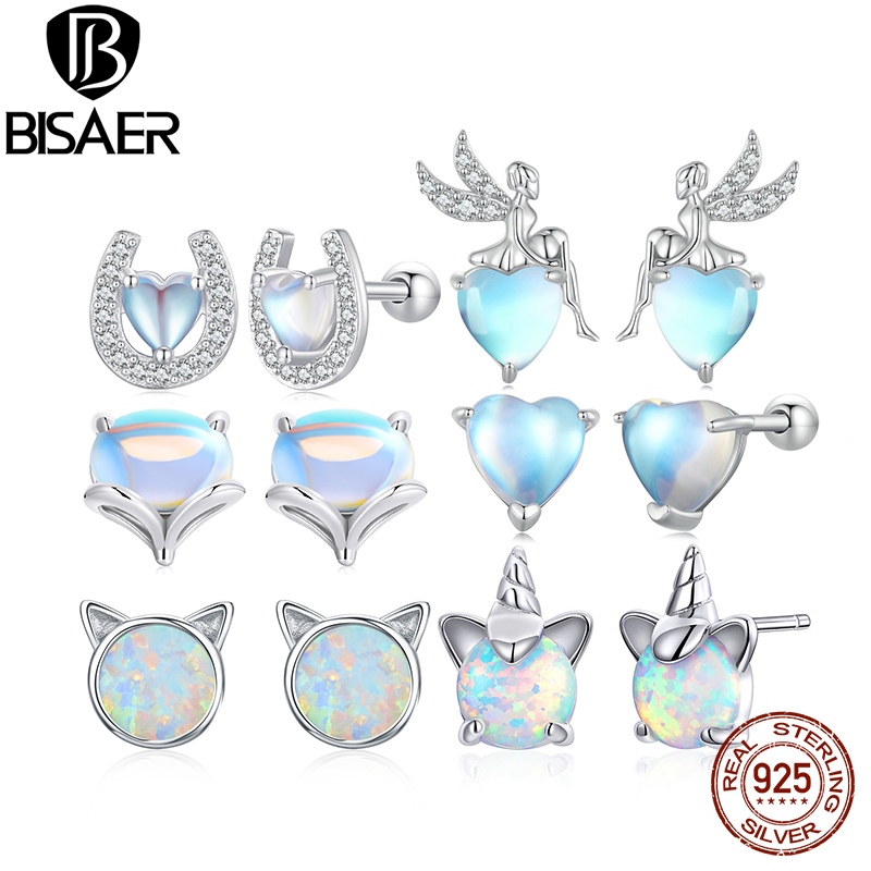 BISAER 100% 925 Sterling Silver Mini Heart Moonstone Stud Earrings Plated Platinum For Women Couples Party Fine Jewelry Gift