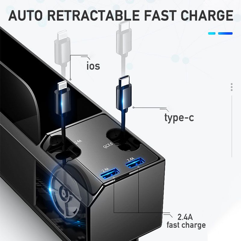 Car Organizer with Charger Cable Car Seat Gap Storage Box with Cable for IOS/Android/Type C Dual USB Port Auto Stowing Tidying