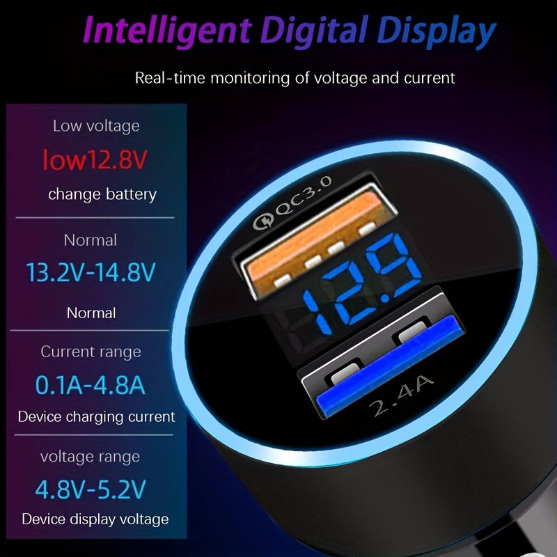 Qc3.0 Digital Display Charger Car + 2.4A Fast Charge Applicable to Various Mobile Phone Protocols Car Charger smile + + +