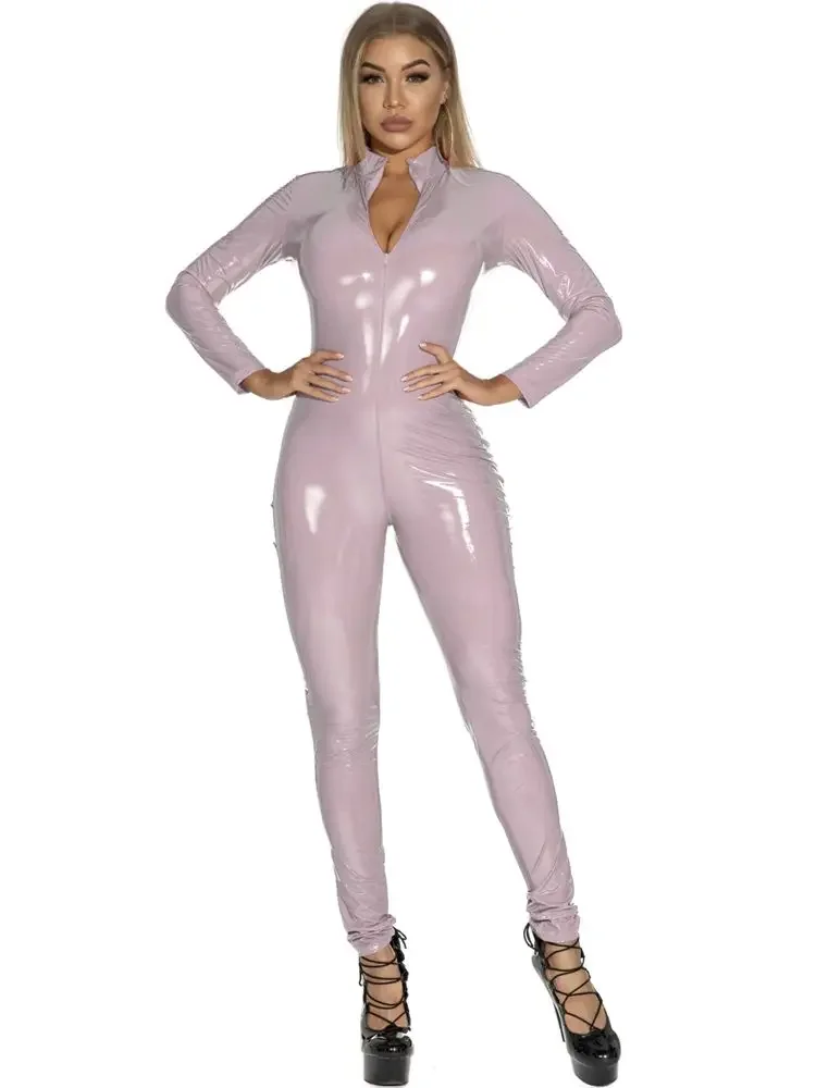Sexy Hot Wet Look PVC Catsuit Shiny PU Leather Long Sleeve Two Way Zipper Open Crotch Bodysuit Tights Cosplay Conjoined 2024 New