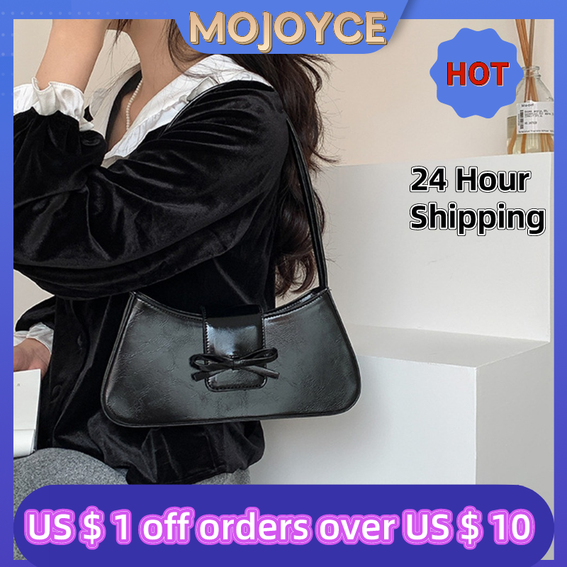 Sweet Bow Shoulder Bag PU Leather Y2K Purse with Zipper Closure Clutch Purse Retro Trendy Underarm Bag for Women and Girls smile