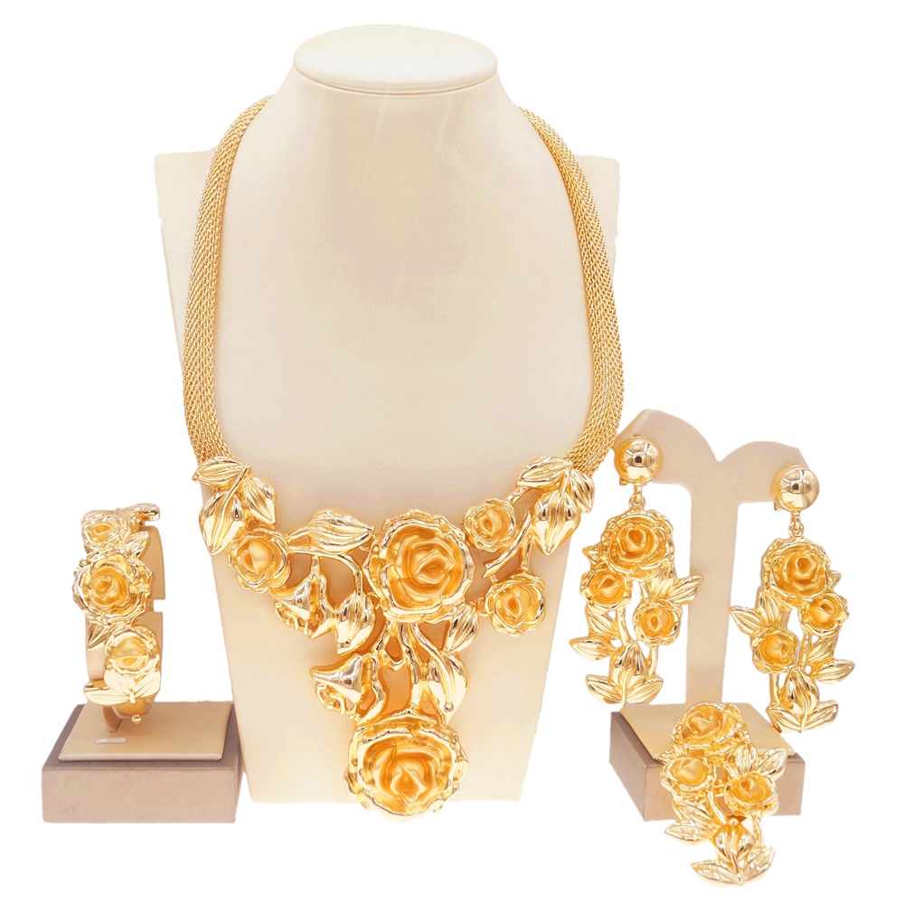 Dubai Gold Plated Women Necklace Jewelry Set Rosebud Pendant Large Ring Earrings Wedding Dinner Party Bijoux SYHOL 41b19 5 30284