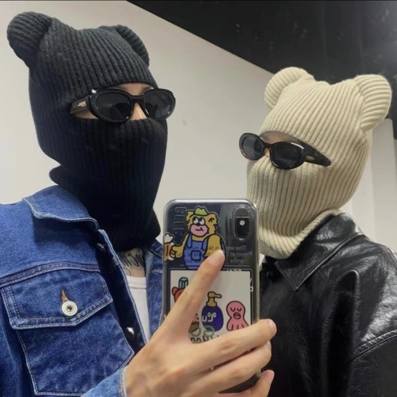 New Winter Demons Single Hole Balaclava Knitted Pullover Cap Unisex Windproof Bear Ears Warm Riding Integrated Scarf Beanie Hat