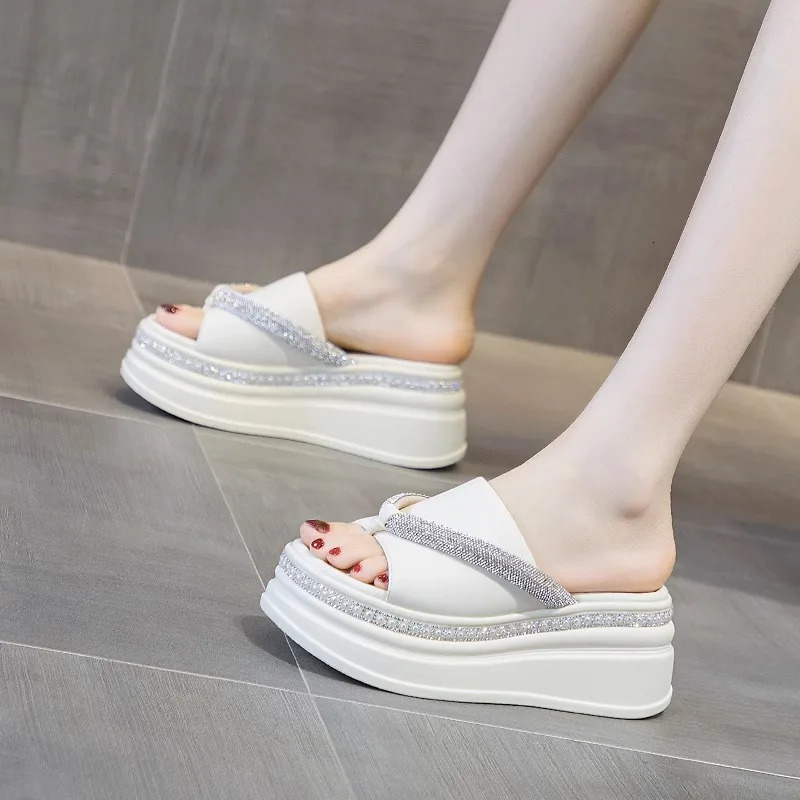 Fujin 7cm Cow Genuine Leather Rhinestone Slippers Sandals Elegance Women Platform Wedge Flats Leisure Bling Summer Shoes