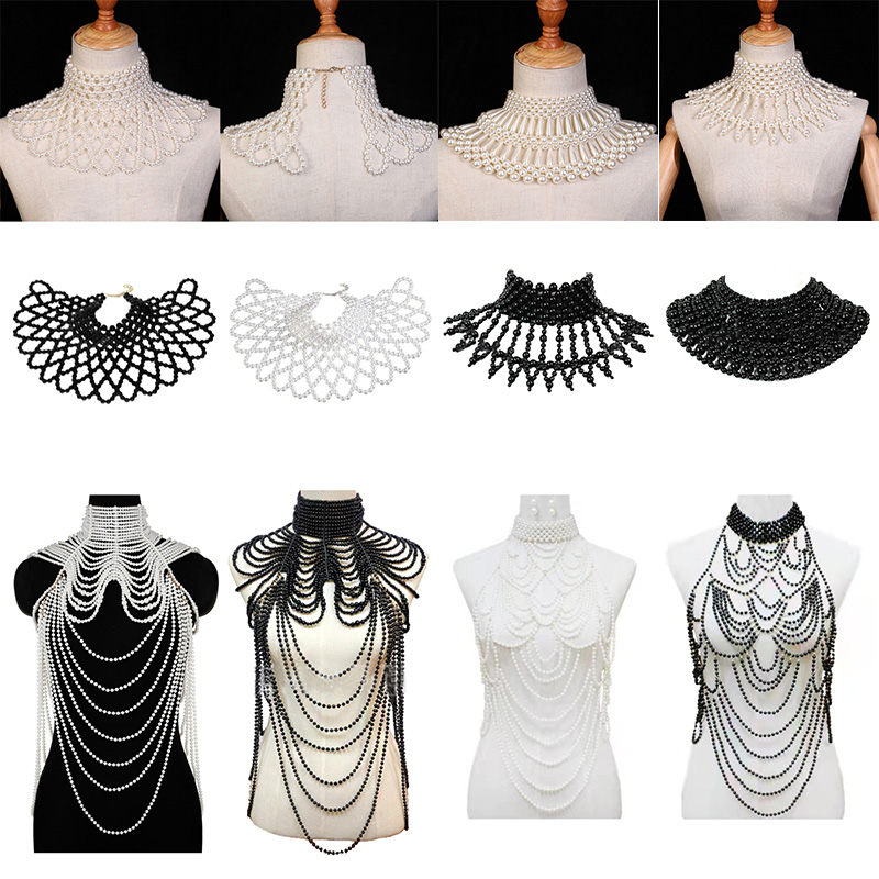Women Layered Fake Collar Pearl Bib Necklace Ruffle Collar With Beads Pearl Collar Tassel Jewelry Necklaces And Shoulder Chain