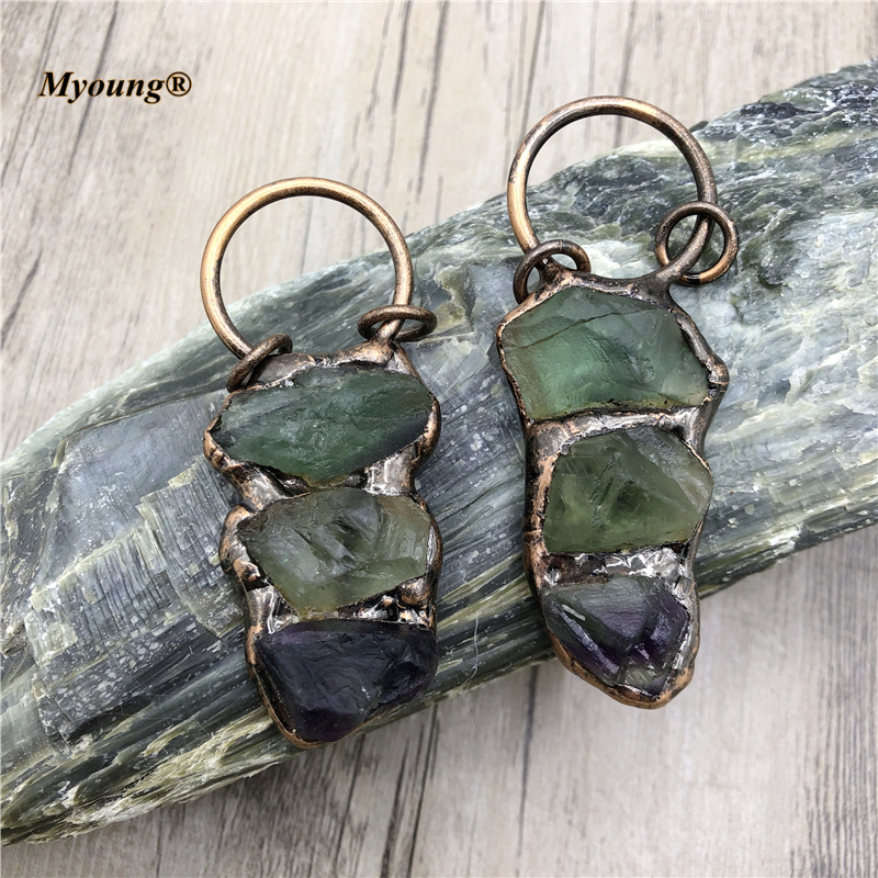 5PCS Boho Jewelry Soldered Fluorite Green Crystal Quartz Antique Vintage Stone Necklace Pendants MY210425
