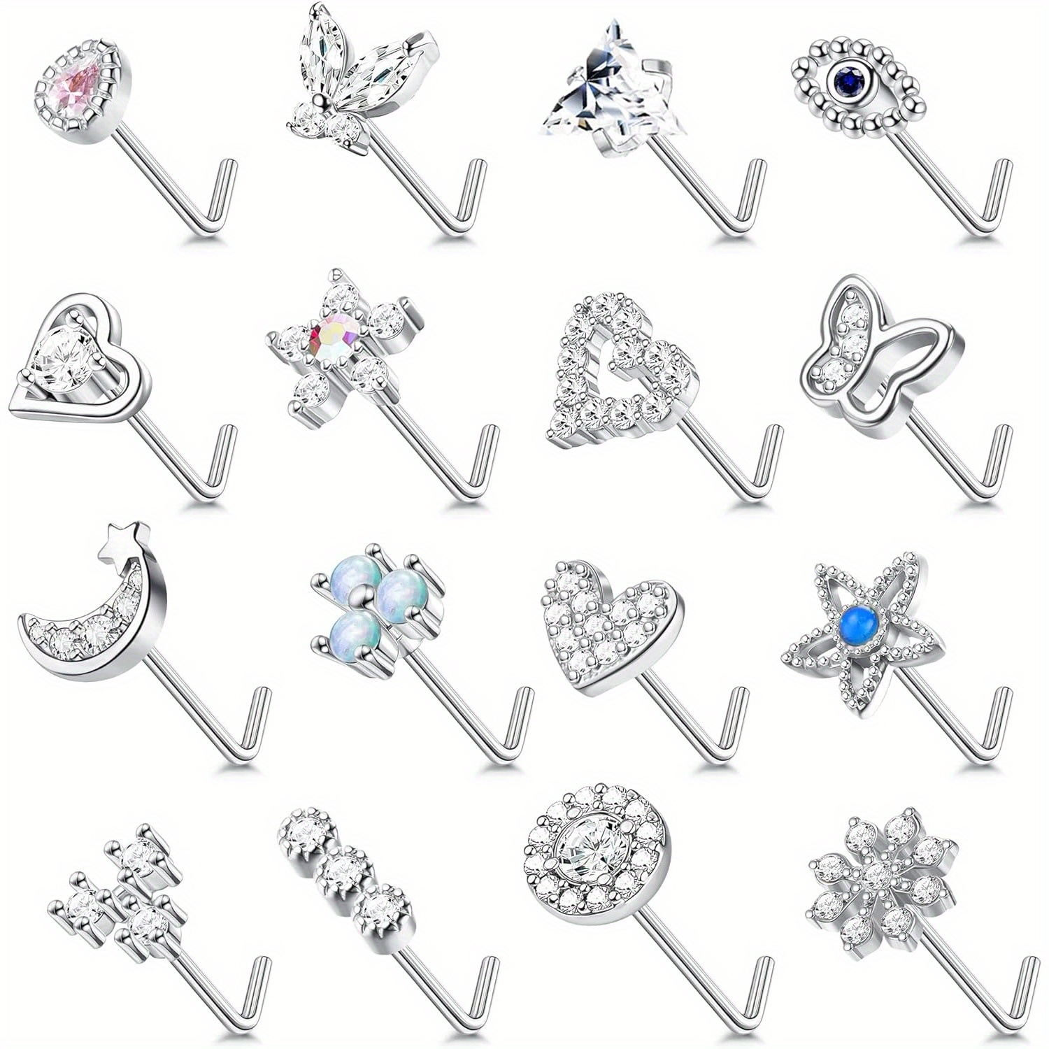 Drperfect 20G Nose Studs Surgical Steel L Shaped Nose Rings Studs for Women Opal CZ Heart Butterfly Nose Piercing Jewelry