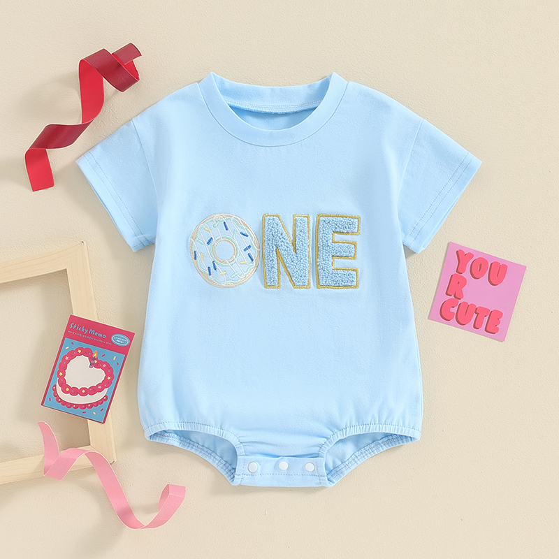 FOCUSNORM Newborn Baby Girls Boys Cute Romper 0-18M Summer Donut Letter Embroidery Short Sleeve Birthday Jumpsuits
