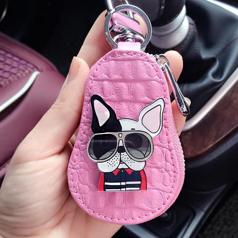 Keychain Cute Dogs Key Chain Poodle Bulldog Purse Charms Car Key Packet Leather Keychain Women Keychain Covers Zipper Key Bag