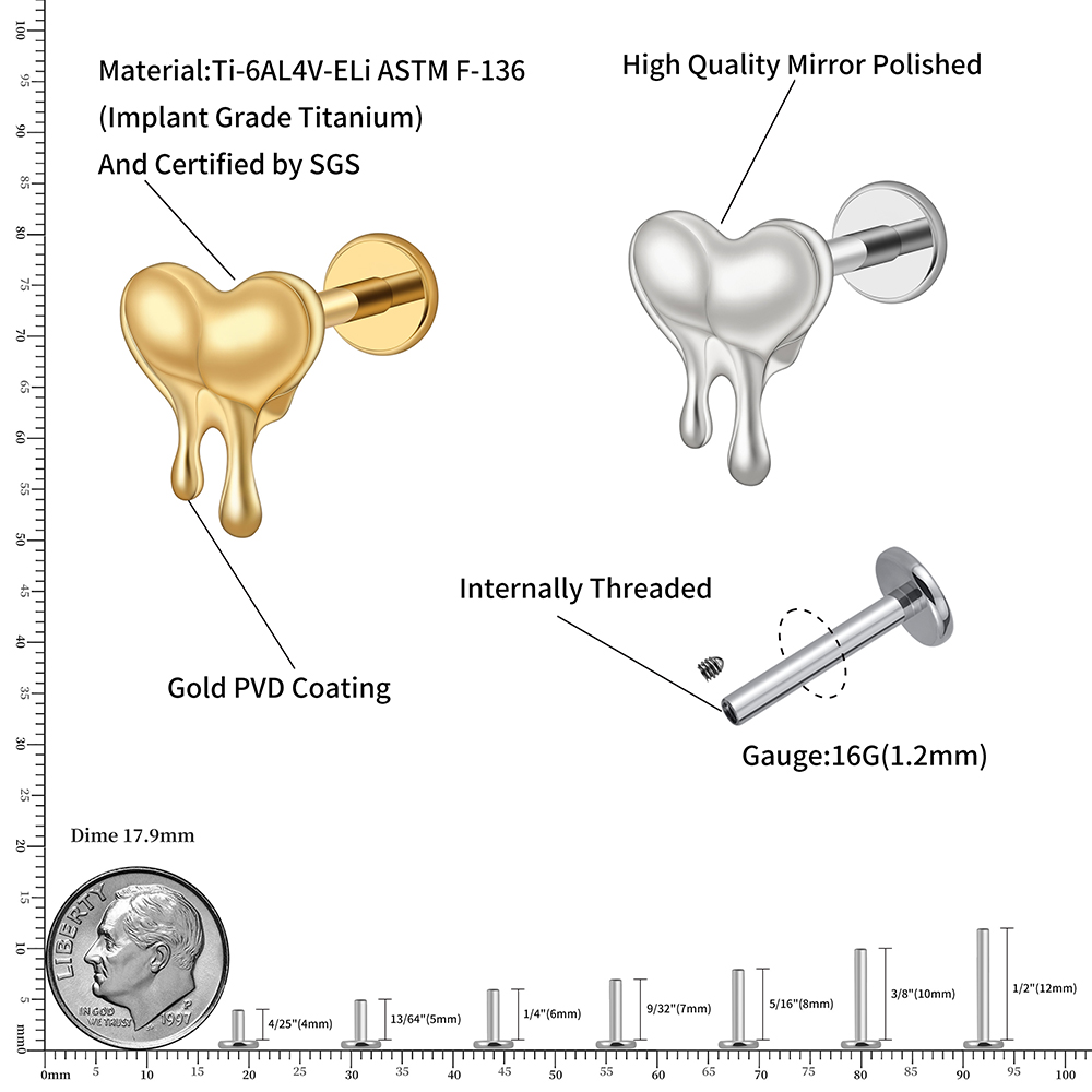 Right Grand ASTM F136 Titanium 16G Melting Heart Earring Love Molten Heart Tragus Helix Cartilage Flatback Stud Piercing Jewelry