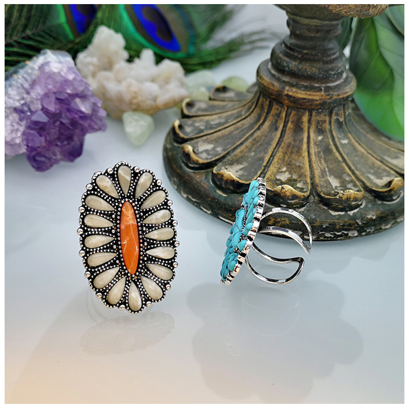 Vintage White Blue Stone Open Adjustable Rings Bohemian Turquoises Jewelry Antique Silver Color Ethnic Rings for Women Girl