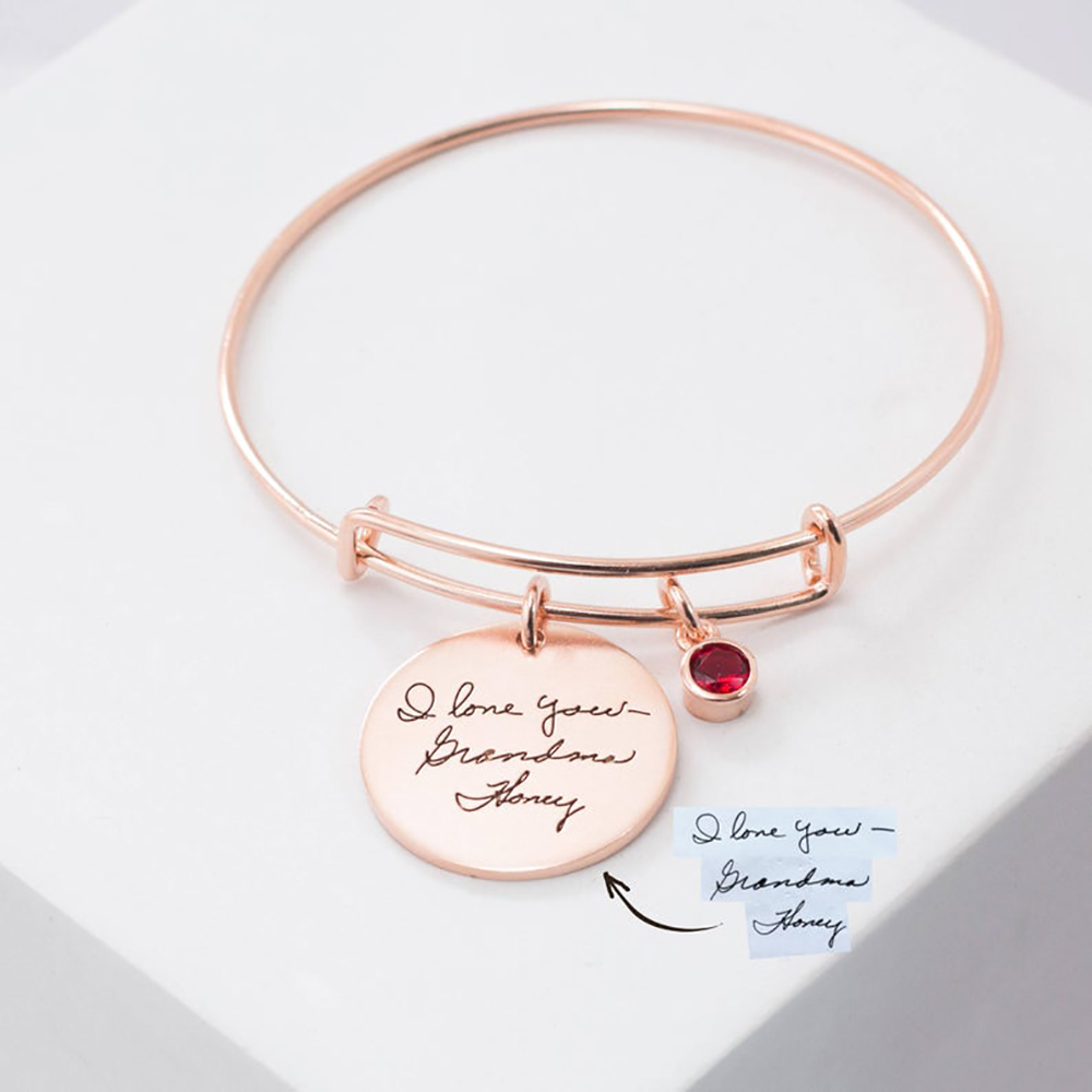 Mini-World Classic Round Pendant Custom Carved Handwritten Signature Birthstone Bracelet Adjustable Bangle Gift For Women
