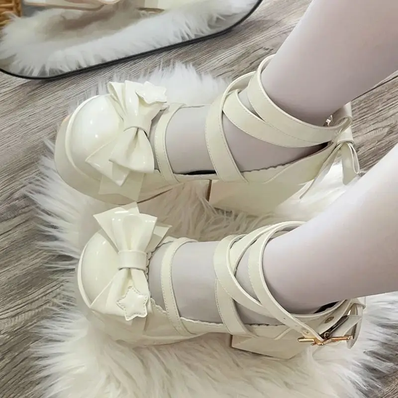 Sweet Vintage Mary Janes Shoes Women Star Buckle Lolita Kawaii Platform Shoes Female Bow-knot Cute Designer Shoes Ankle Boots
